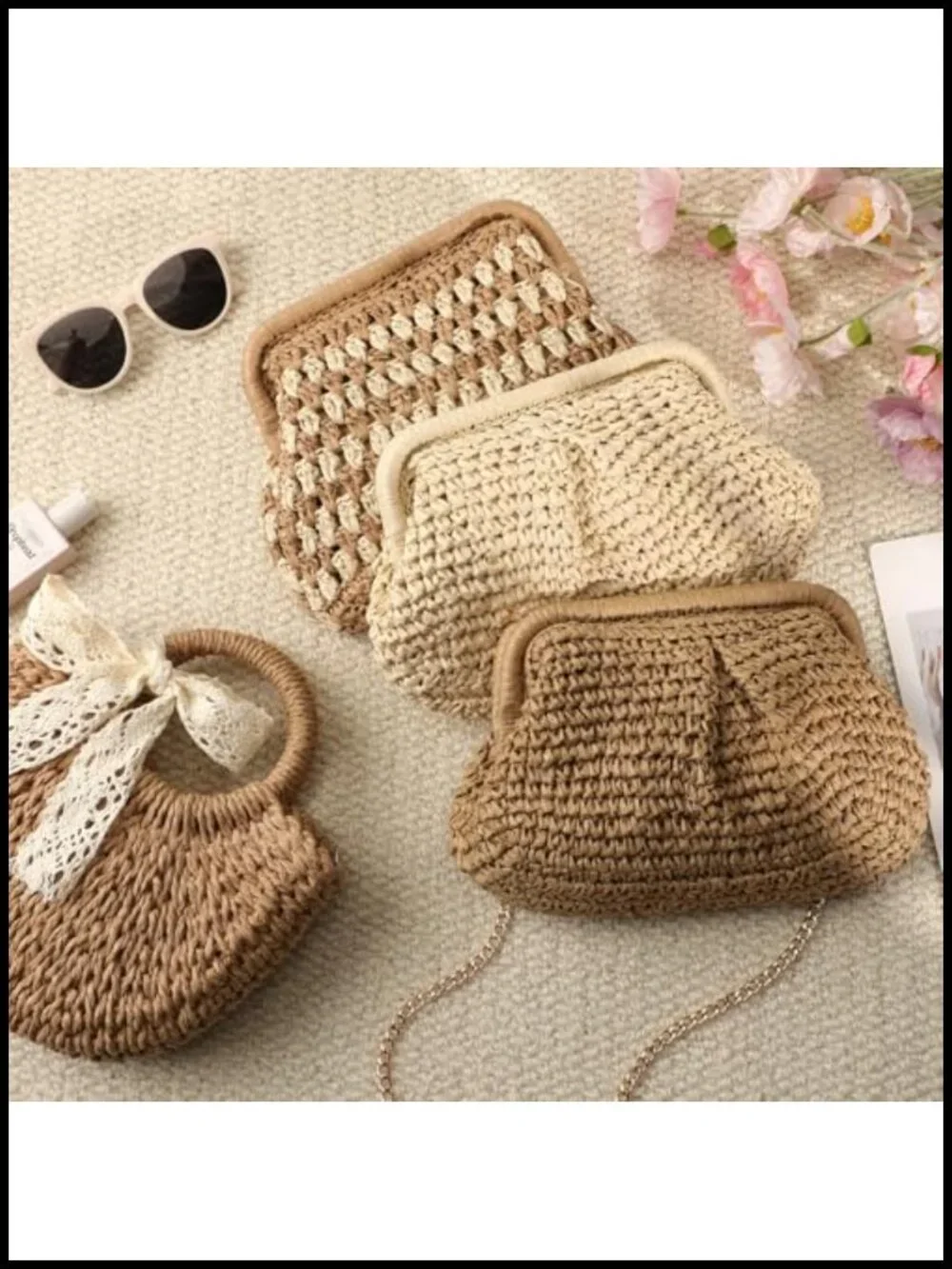 Handwoven Straw Clutch with Detachable Gold Chain, Lightweight